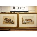 Pair of Gilt framed & glazed Watercolours of Shire \horses, one signed "J Scott", both approx 45 x