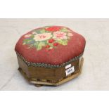 Victorian Walnut Inlaid Octagonal Spittoon Stool with Needlework Upholstered Top, 27cms wide