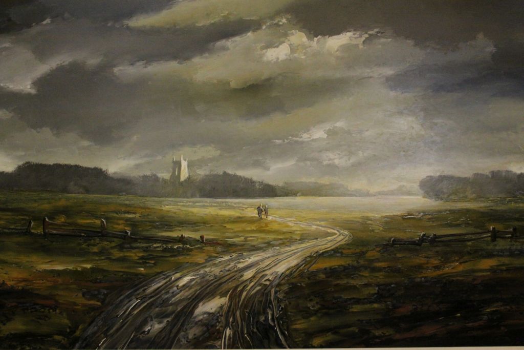 Large framed Oil on board Landscape with two figures in middle distance and Church tower to - Image 4 of 4