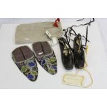 Pair of Antique Leather Beaded Slippers with Silk Linings together with Pair of French Gros