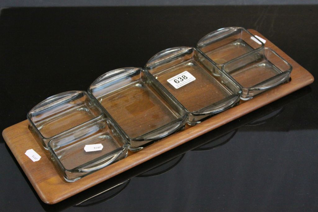 Danish ' Digsmed ' Hor D'Oeuvre Tray comprising a Teak Base with Six Glass Dishes, 46cms long