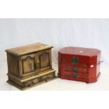 Oriental Style Red Jewellery Cabinet together with a Wooden Jewellery Cabinet in the form of a