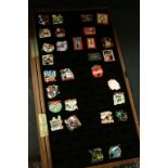 Wooden Table Top Display Cabinet with Twenty Eight Enamel and Other Badges including Beano and