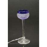 Small Blue and Clear Cut Glass Drinking Glass on Tall Faceted Stem, 13cms high