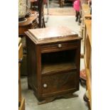 Early 20th century Oak Bedside Cabinet with Marble Top above Drawer, Pot Shelf and Cupboard, 71cms