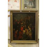 Large Framed Oileograph of a Religious Scene of Figures kneeling before the Baby Jesus, 72cms x