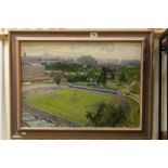 Mid 20th Century oil on board painting Eastern European Cityscape with football match signed Heyaeba