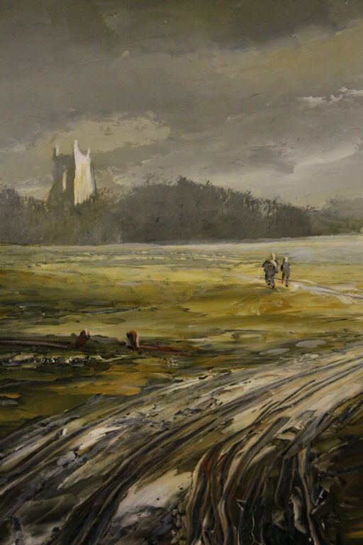 Large framed Oil on board Landscape with two figures in middle distance and Church tower to - Image 3 of 4