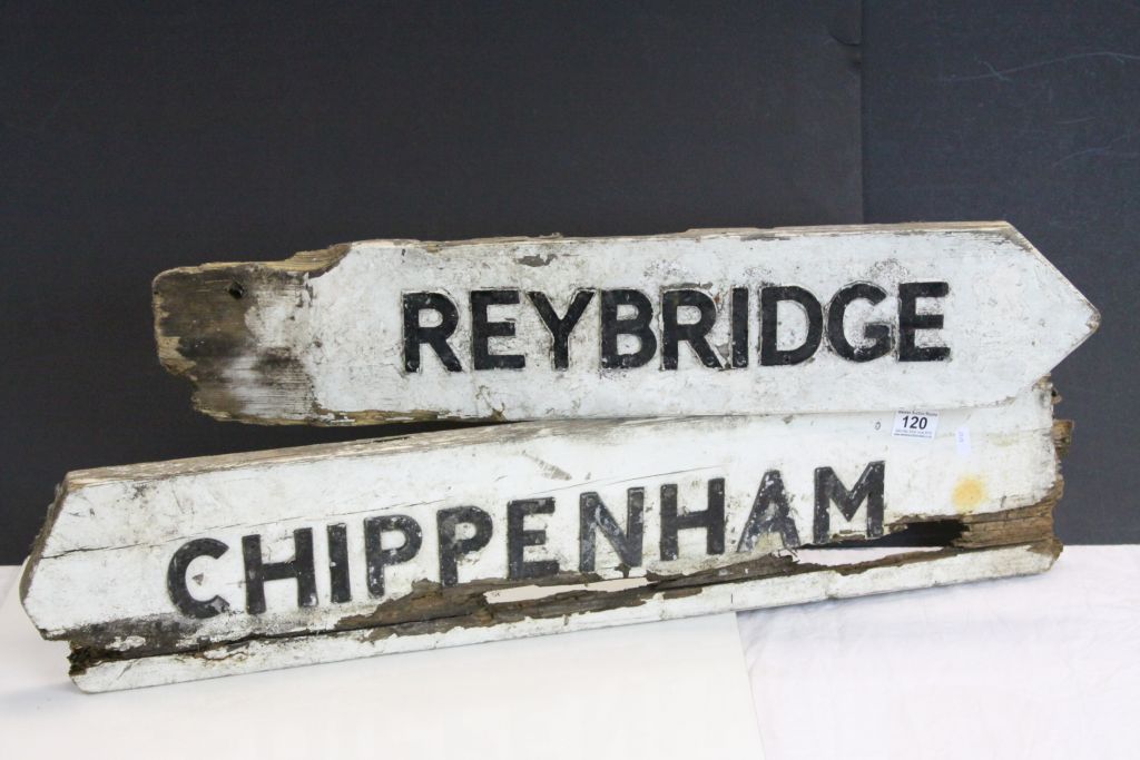 Two vintage Wooden Signs with metal lettering, one marked "Chippenham" the other "Reybridge",