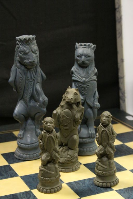 Plaster Chess Set in the form of Mythical Creatures and a Wooden Chess Board - Image 2 of 3