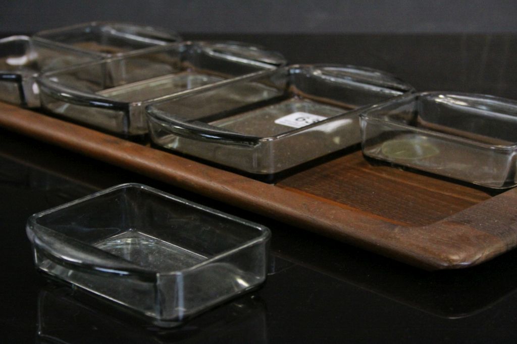 Danish ' Digsmed ' Hor D'Oeuvre Tray comprising a Teak Base with Six Glass Dishes, 46cms long - Image 3 of 4