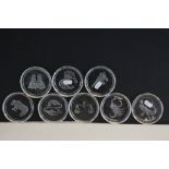 Eight Glass Circular Dishes each etched to the bottom with an image of a Sign of the Zodiac, 9cms