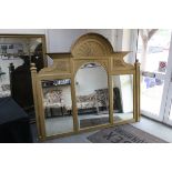 Large Pine Gold Painted Three Section Overmantle Mirror with central domed section, 167cms high x