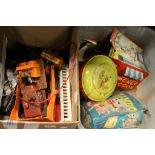 Two boxes of tin plate toys etc