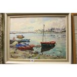 Leon Pernes oil on canvas estuary scene with fishing boats and figures