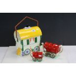 Ceramic Biscuit Barrel in the form of a Shepherd's Hut / Caravan together with Teapot and Sugar Bowl