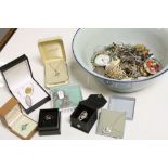 Enamel bowl of mixed Hallmarked Silver & vintage Costume jewellery etc to include Silver Fob