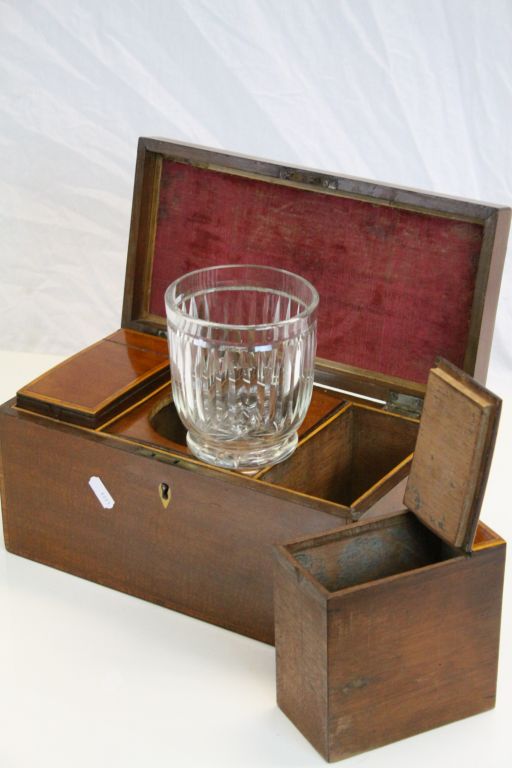 19th Century Marquetry inlaid Tea Caddy with lift out internal boxes and central Cut glass Mixing - Image 4 of 4