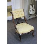 Victorian Walnut Salon Chair with Upholstered Button Back and Stuffed Over Seat, Ornately Carved