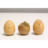 Macintyre Burslem ceramic three piece Cruet set designed as Chicken Eggs, with RD number 10586