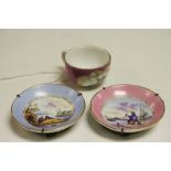 Two Miniature "Meissen" marked hand painted ceramic Saucers approx 6cm diameter plus an "Augustus