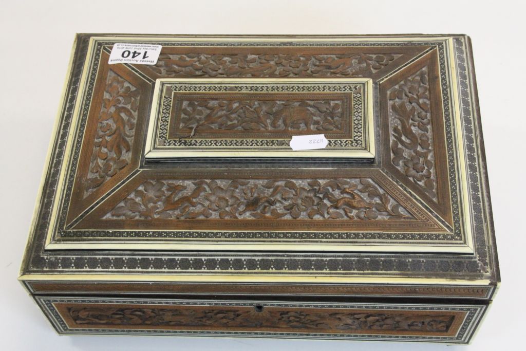 Asian carved Hardwood Sewing box with hinged lid, part fitted interior, Micro Mosaic type inlay - Image 2 of 7