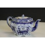 Copeland blue & white ceramic Teapot, with Oriental Dragon design & "Old Lang Syne" motto, with date