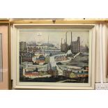 L.S.Lowry large 1960s/1970s framed print depicting an industrial townscape with figures