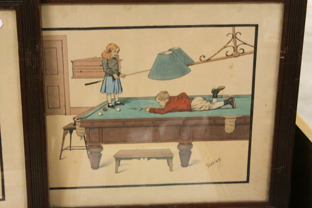 Three Early 20th century ' Tuss ' Billiard Room Humorous Prints, Oak Framed and Glazed together with - Image 4 of 5