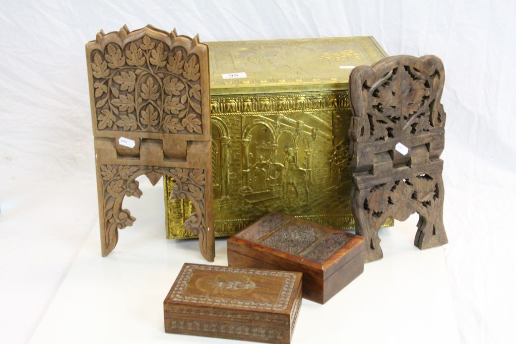 Embossed Brass covered Wooden Log box and four Asian Wooden items to include Boxes