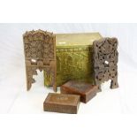 Embossed Brass covered Wooden Log box and four Asian Wooden items to include Boxes