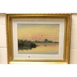 Lewis gilt framed oil painting tranquil river scene with wild fowl