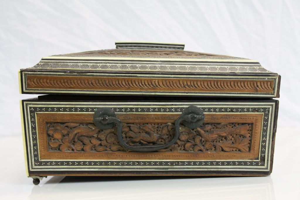 Asian carved Hardwood Sewing box with hinged lid, part fitted interior, Micro Mosaic type inlay - Image 7 of 7