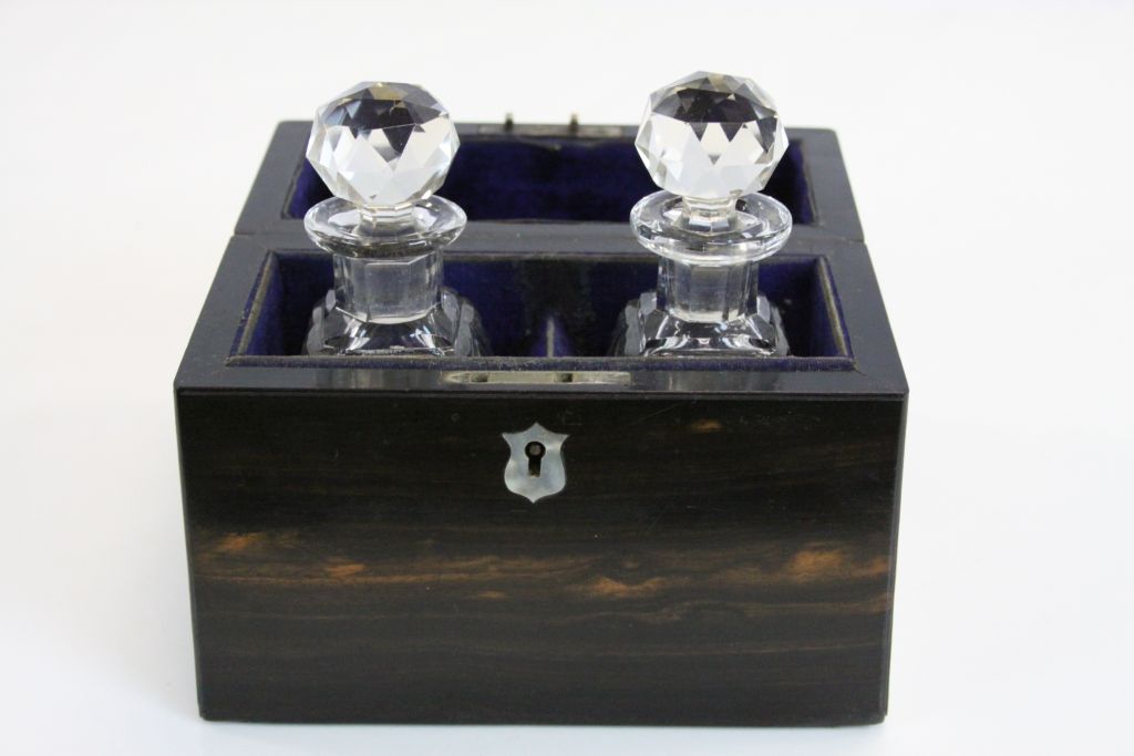 19th Century two Bottle Coromandel Tantalus with cut glass bottles, Mother of Pearl escutcheon and - Image 5 of 7