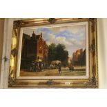 Oil Painting on Canvas of a Continental Street Scene with Figures, indistinctly signed, 46cms x