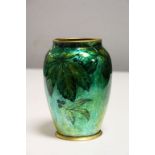 Camille Faure Limoges Enamel Art Nouveau vase in vivid Greens & Gold, with Pink ground interior,