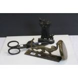 cast Iron Mrs Punch door stop for restoration, Tailors Scissors and a Gong with brass Monkey