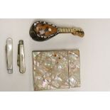 Mother of Pearl Card case, two Hallmarked Silver & Mother of Pearl Fruit knives plus a miniature