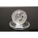 Lalique Glass Pin dish with Dove in Wreath to centre, approx 9.5cm diameter and engraved "Lalique