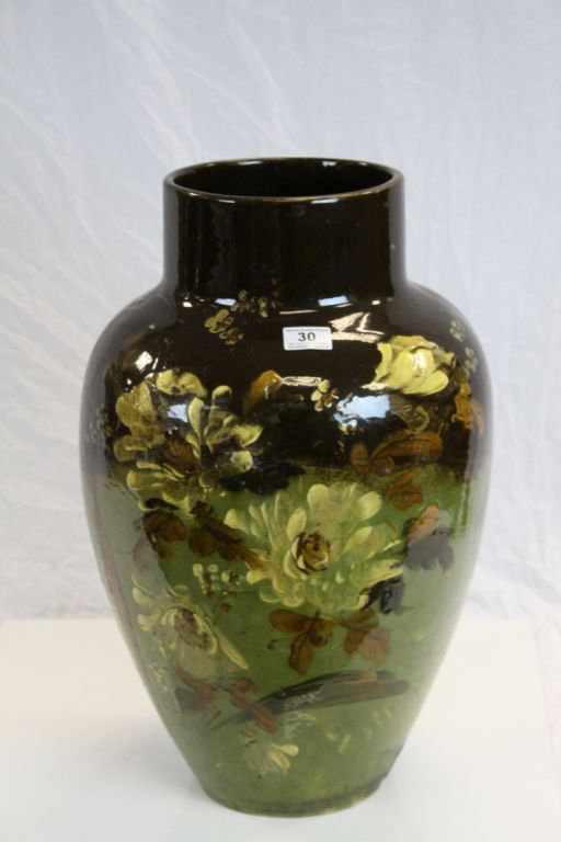 Large Torquay pottery type vase with hand painted Floral decoration & glazed finish, stands approx