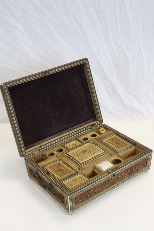 Asian carved Hardwood Sewing box with hinged lid, part fitted interior, Micro Mosaic type inlay - Image 3 of 7