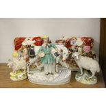 Pair of Staffordshire ceramic Cow with Milk Maid groups, another with a Farmer, two Staffordshire