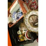 Two Trays of Mixed Ceramics including Vintage Artmaster Ceramic and Gilt Mounted Mirror, Jugs,