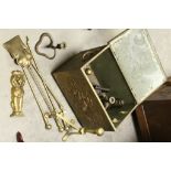 Brass Relief Covered Coal Box together with Three Piece Brass Companion Set, Four Brass Cobra