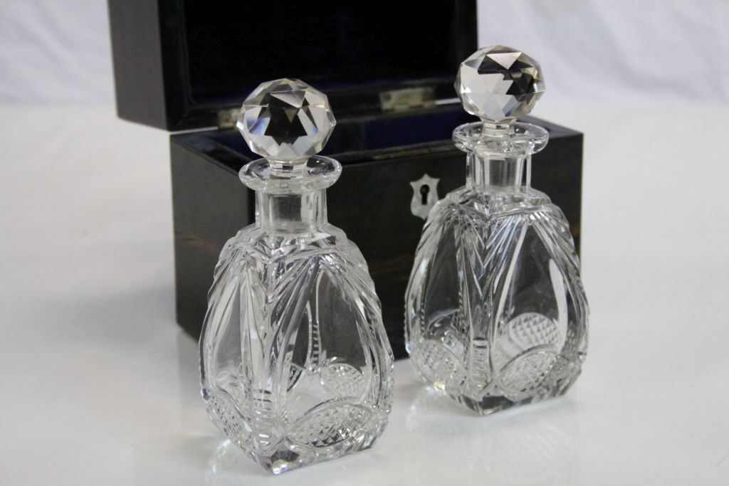 19th Century two Bottle Coromandel Tantalus with cut glass bottles, Mother of Pearl escutcheon and - Image 2 of 7