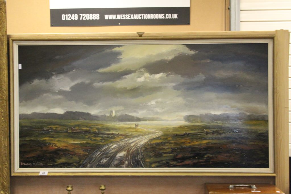 Large framed Oil on board Landscape with two figures in middle distance and Church tower to