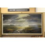 Large framed Oil on board Landscape with two figures in middle distance and Church tower to