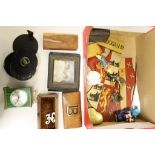 Box of mixed collectables to include; Swiza 8 day Clock with Malachite case, small Bronze Buddha,