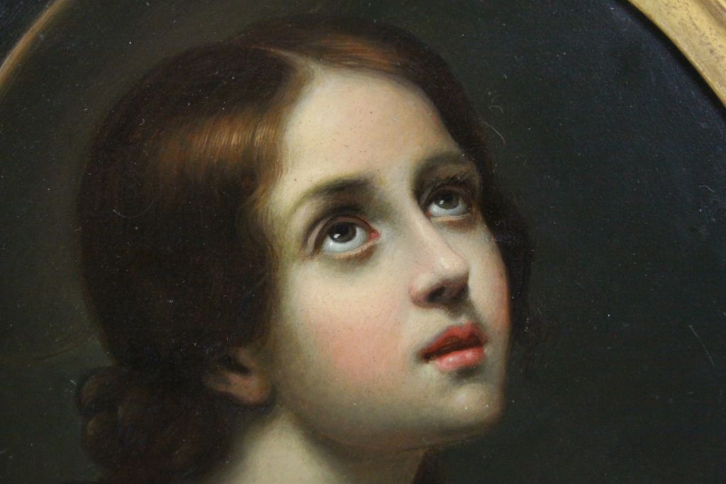 Antique oil painting portrait of a young angelic girl possibly Mary Magdelane holding lidded urn - Image 3 of 5
