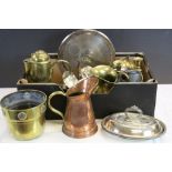 Box of vintage metalware to include Pewter measures, Silver plate, Copper & Brass